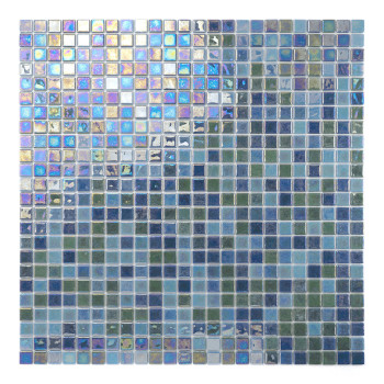 Square glass tiles exhibiting iridescent hues reflect light, arranged in a grid pattern, creating a shimmering effect.