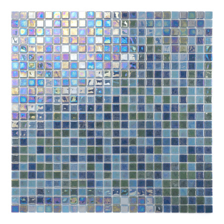 Los coloridos cuadrados de vidrio brillan, formando un patrón abstracto de azules y verdes, creando una escena oceánica tranquil