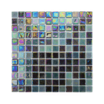 Mosaic tiles shimmer, displaying iridescent colors, creating a vibrant pattern against a neutral, white background.