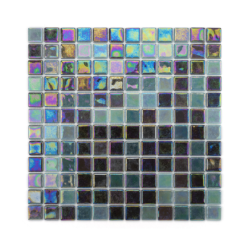 Mosaic tiles shimmer, displaying iridescent colors, creating a vibrant pattern against a neutral, white background.