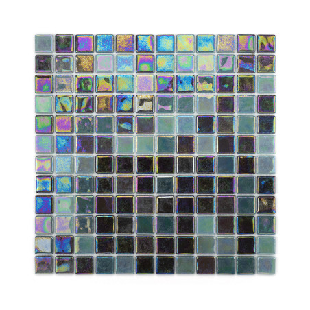 Mosaic tiles shimmer, displaying iridescent colors, creating a vibrant pattern against a neutral, white background.