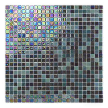 Mosaic tiles shimmer, displaying iridescent colors, creating a vibrant pattern against a neutral, white background.