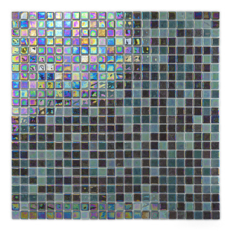 Small, iridescent square tiles create geometric patterns in a shimmering, multicolored mosaic, forming an abstract design.