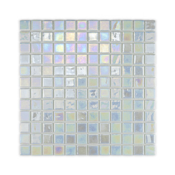 Square glass tiles shimmer with iridescent hues, creating a reflective, colorful pattern within a grid layout.