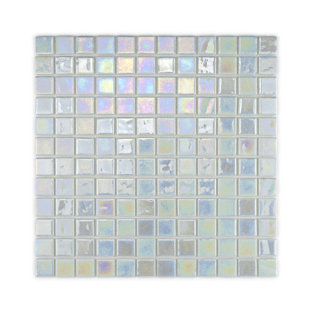 Square glass tiles shimmer with iridescent hues, creating a reflective, colorful pattern within a grid layout.
