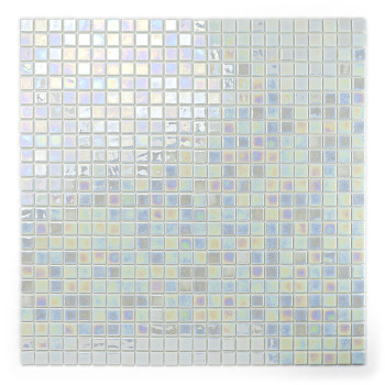 Square glass tiles shimmer with iridescent hues, creating a reflective, colorful pattern within a grid layout.