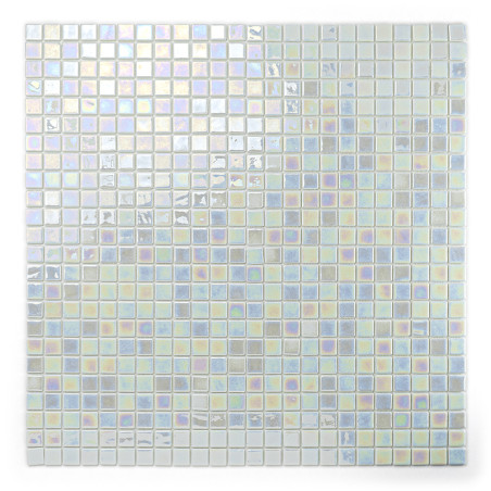 Square glass tiles reflect light, displaying iridescent colors. arranged in a grid pattern, creating a shimmering surface.