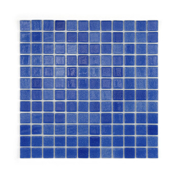 Square blue glass tiles arranged uniformly, forming a patterned grid, reflecting light in a simple, textured layout.
