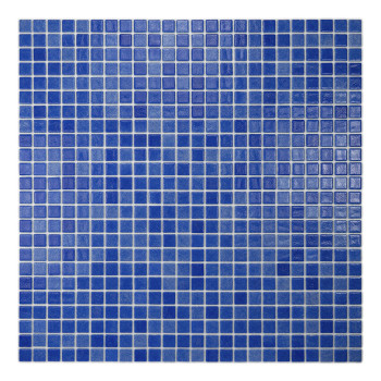 Square blue glass tiles arranged uniformly, forming a patterned grid, reflecting light in a simple, textured layout.