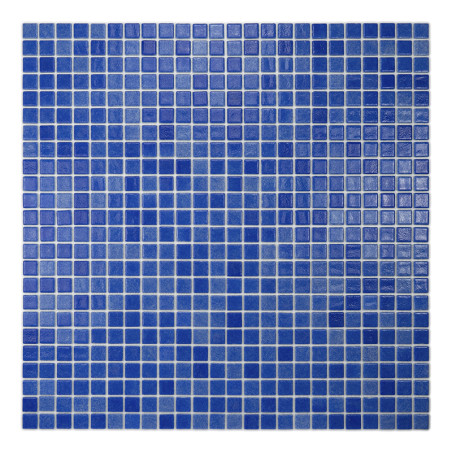 Blue glass tiles form a grid pattern, reflecting light subtly, creating a uniform, vibrant surface.