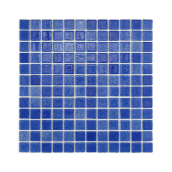 A blue glass mosaic featuring small square tiles, arranged in a uniform grid, against a plain white background.