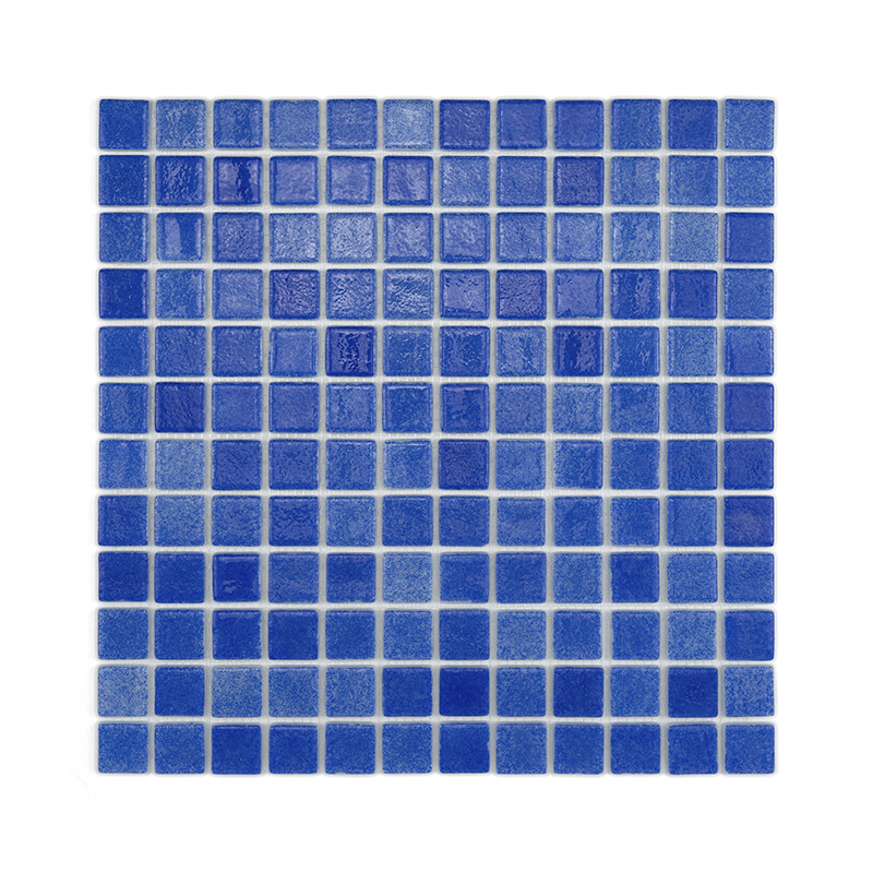 A blue glass mosaic featuring small square tiles, arranged in a uniform grid, against a plain white background.
