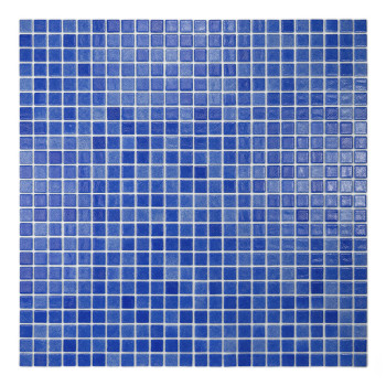 A blue glass mosaic featuring small square tiles, arranged in a uniform grid, against a plain white background.