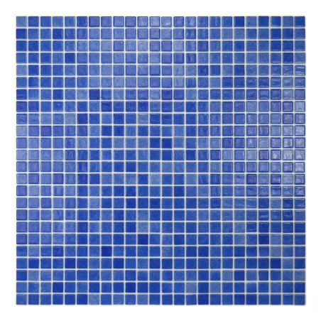 Small blue glass tiles form a geometric pattern, creating a vibrant mosaic in a structured, grid-like arrangement.
