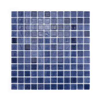 Blue glass mosaic tiles form a grid, arranged uniformly, reflecting light in varying shades, creating a calming pattern.
