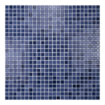 Blue glass mosaic tiles form a grid, arranged uniformly, reflecting light in varying shades, creating a calming pattern.