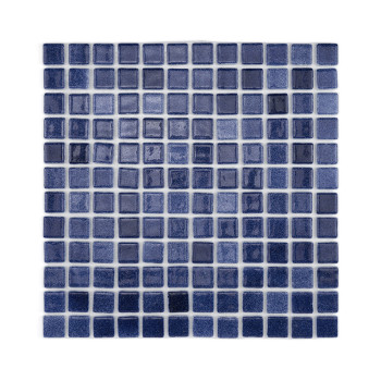 Blue glass mosaic tiles form a grid pattern, creating a shimmering, decorative surface for interior or exterior design.