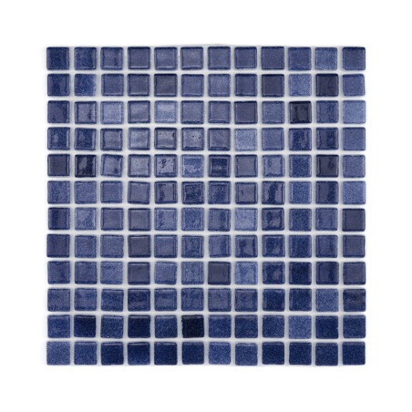 Blue glass mosaic tiles form a grid pattern, creating a shimmering, decorative surface for interior or exterior design.
