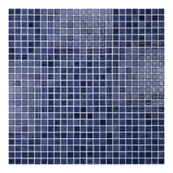 Blue glass mosaic tiles form a grid pattern, creating a shimmering, decorative surface for interior or exterior design.