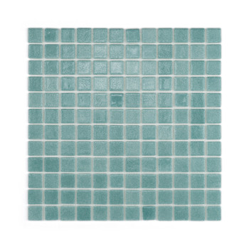 Turquoise glass tiles form a checkered pattern, reflecting light subtly, arranged neatly in a square mosaic layout.