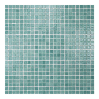 Turquoise glass tiles form a checkered pattern, reflecting light subtly, arranged neatly in a square mosaic layout.