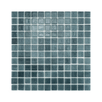 Square glass mosaic tiles, arranged in a grid, vary in shades of blue, creating a textured, reflective surface.