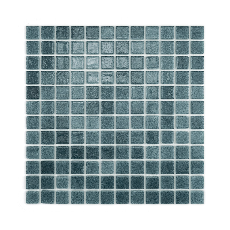 Square glass mosaic tiles, arranged in a grid, vary in shades of blue, creating a textured, reflective surface.