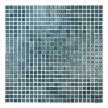Square glass mosaic tiles, arranged in a grid, vary in shades of blue, creating a textured, reflective surface.
