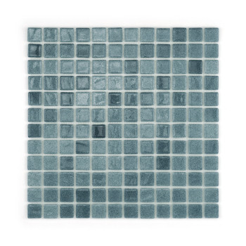 Square glass tiles arranged in a grid, varying shades of blue, set against a white background.