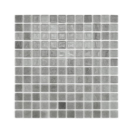 Square glass mosaic tiles, arranged uniformly, display subtle gradients of gray, creating a textured pattern against a white bac