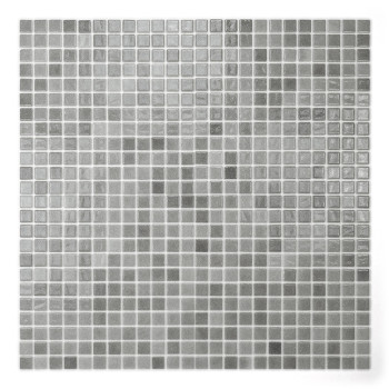 Square glass mosaic tiles, arranged uniformly, display subtle gradients of gray, creating a textured pattern against a white bac
