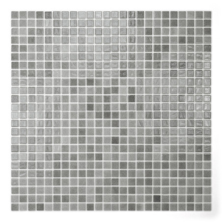 Small gray glass tiles form a uniform grid, reflecting light subtly in an even, monochromatic pattern.