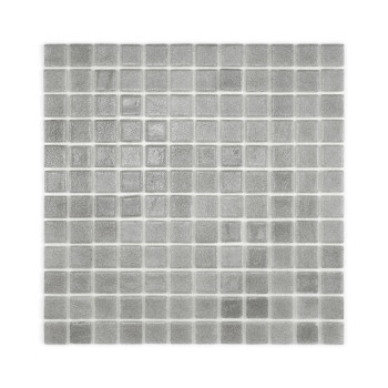 Gray glass mosaic tiles are arranged uniformly to form a square pattern, creating a reflective and textured surface.