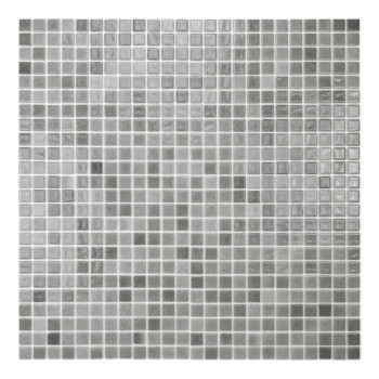 Gray glass mosaic tiles are arranged uniformly to form a square pattern, creating a reflective and textured surface.