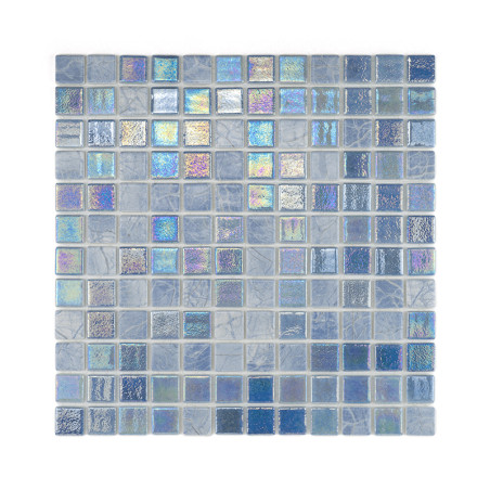 Iridescent glass tiles shimmer, arranged in a tightly gridded square, reflecting varied lights in muted blue tones.