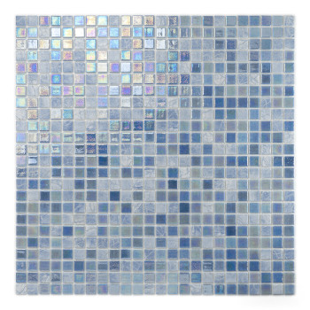 Iridescent glass tiles shimmer, arranged in a tightly gridded square, reflecting varied lights in muted blue tones.
