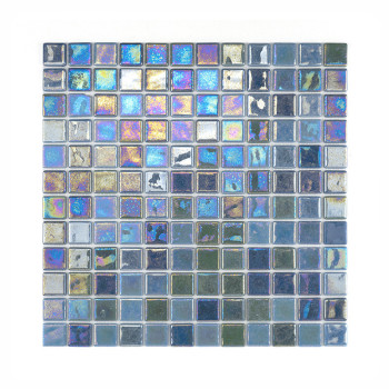 Square glass tiles exhibiting iridescent hues reflect light, arranged in a grid pattern, creating a shimmering effect.