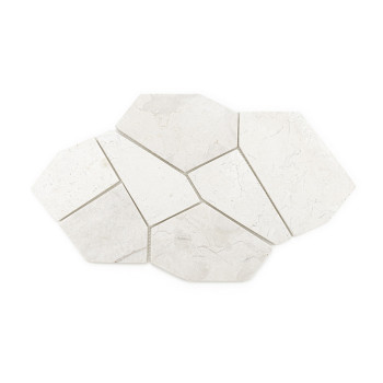 Hexagonal stone tiles arranged in a staggered pattern, showcasing light cream color and subtle natural veining against a white b