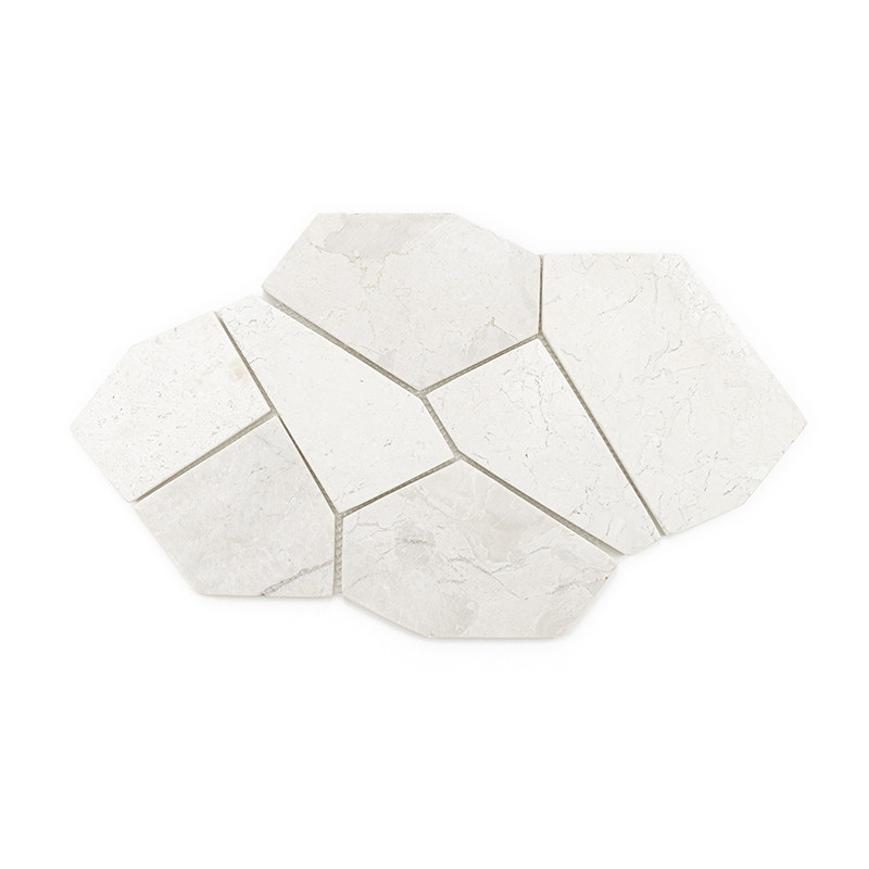 Hexagonal stone tiles arranged in a staggered pattern, showcasing light cream color and subtle natural veining against a white b