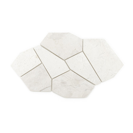 Hexagonal stone tiles arranged in a staggered pattern, showcasing light cream color and subtle natural veining against a white b