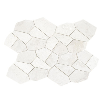 Hexagonal stone tiles arranged in a staggered pattern, showcasing light cream color and subtle natural veining against a white b