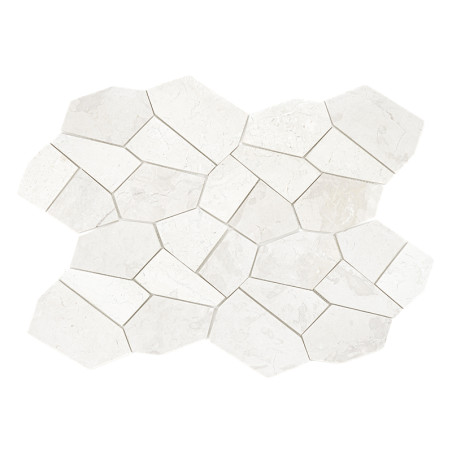 The stone tiles interlock, forming an irregular geometric pattern against a plain white background, enhancing spatial interest.