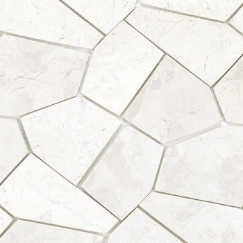 Hexagonal stone tiles interlock seamlessly, forming a geometric pattern. Textured white surface with subtle gray veins enhances 