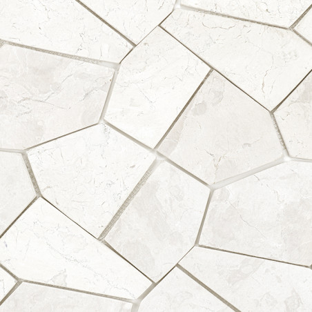 Hexagonal stone tiles interlock seamlessly, forming a geometric pattern. Textured white surface with subtle gray veins enhances 