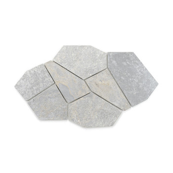 Hexagonal stone tiles arranged in a staggered pattern, displaying mixed gray tones and subtle texture variations against a white