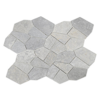 Hexagonal stone tiles arranged in a staggered pattern, displaying mixed gray tones and subtle texture variations against a white