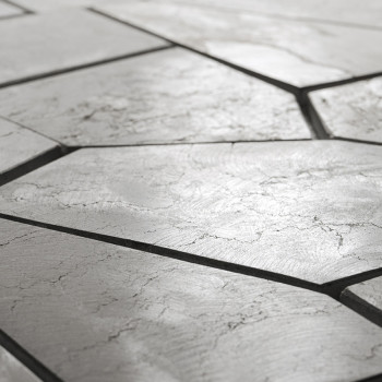 Los azulejos de piedra forman un patrón geométrico irregular con grietas visibles, situadas sobre una superficie lisa y de tonos