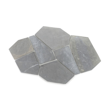 Gray stone tile pieces arranged in an interlocking geometric pattern on a plain white background.