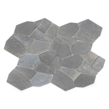 Gray stone tile pieces arranged in an interlocking geometric pattern on a plain white background.