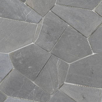Irregular gray stone tiles form a mosaic pattern, interlocked tightly, showcasing a natural and textured surface in a uniform la